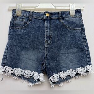 Up-Cycled Blue Denim and White Jean Shorts with Lacy Trimmed Frayed Hem